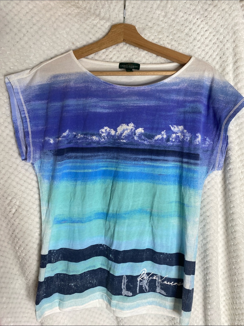 Vintage Ralph Lauren Blue, Aqua, Navy Coastal Wave Nautical Style Print T shirt